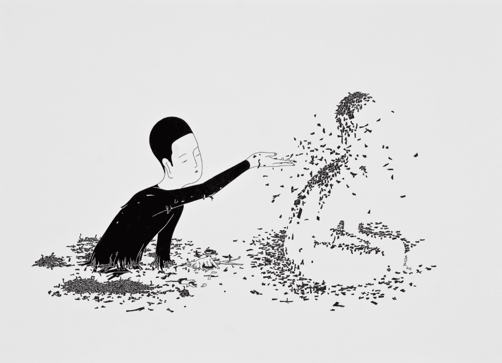 Rysunek ołówkiem koreańskiego artysty Moonassi. Jedna osoba wychodzi z ziemi i tworzy nową osobę z małych części. Ta druga osoba siedzi, widzimy ją tylko dzięki małym częściom, które się pojawiają i tworzą kontur nowej osoby. Rysunek w czerni i bieli