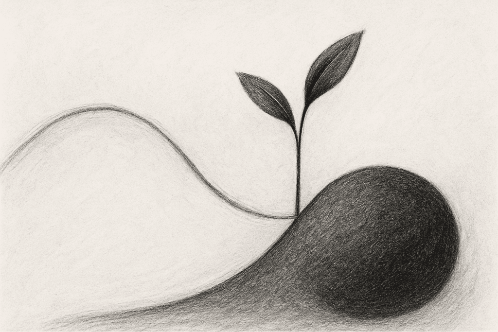 Minimalistyczny rysunek ołówkiem: delikatny kiełek wyrasta z ciemnej ziemi, symbolizując uzdrowienie, rozwój i wewnętrzną siłę.