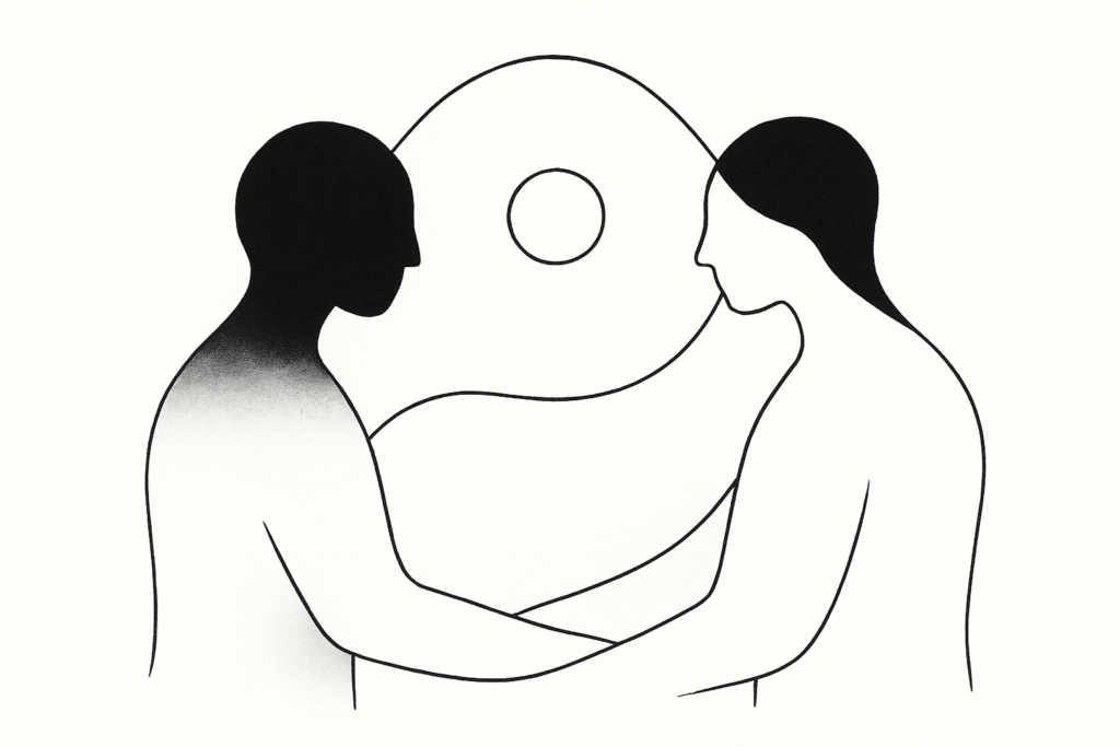 „Minimalistyczna czarno-biała ilustracja: dwie abstrakcyjne postacie zwracają się ku sobie, delikatne linie je łączą, jasny krąg symbolizuje więź i żywotność.