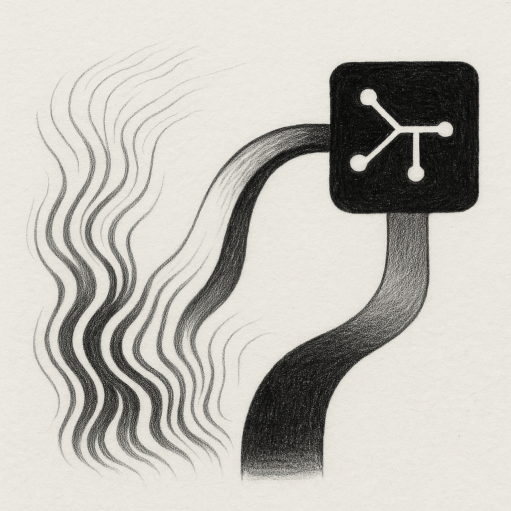 Minimalistyczna czarno-biała ilustracja: abstrakcyjne linie płyną i rozgałęziają się, symbolizując zmianę, więź i transformację.