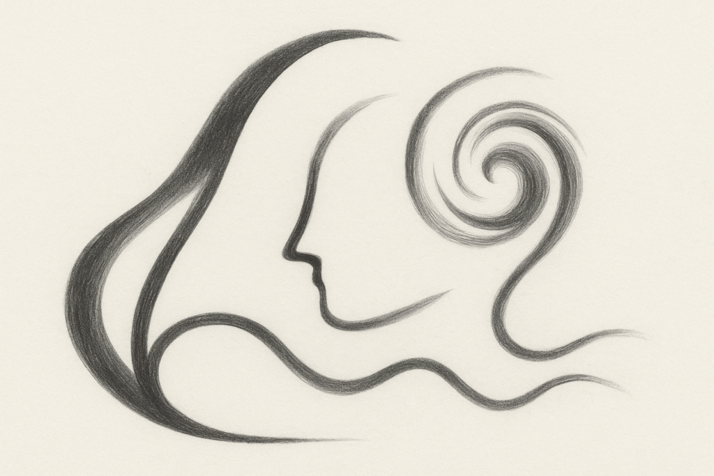 Minimalistyczny rysunek w czerni i bieli przedstawiający profil ludzkiej twarzy oraz spiralę symbolizującą umysł i emocje – ilustracja związana z terapią traumy i rozwojem osobistym.