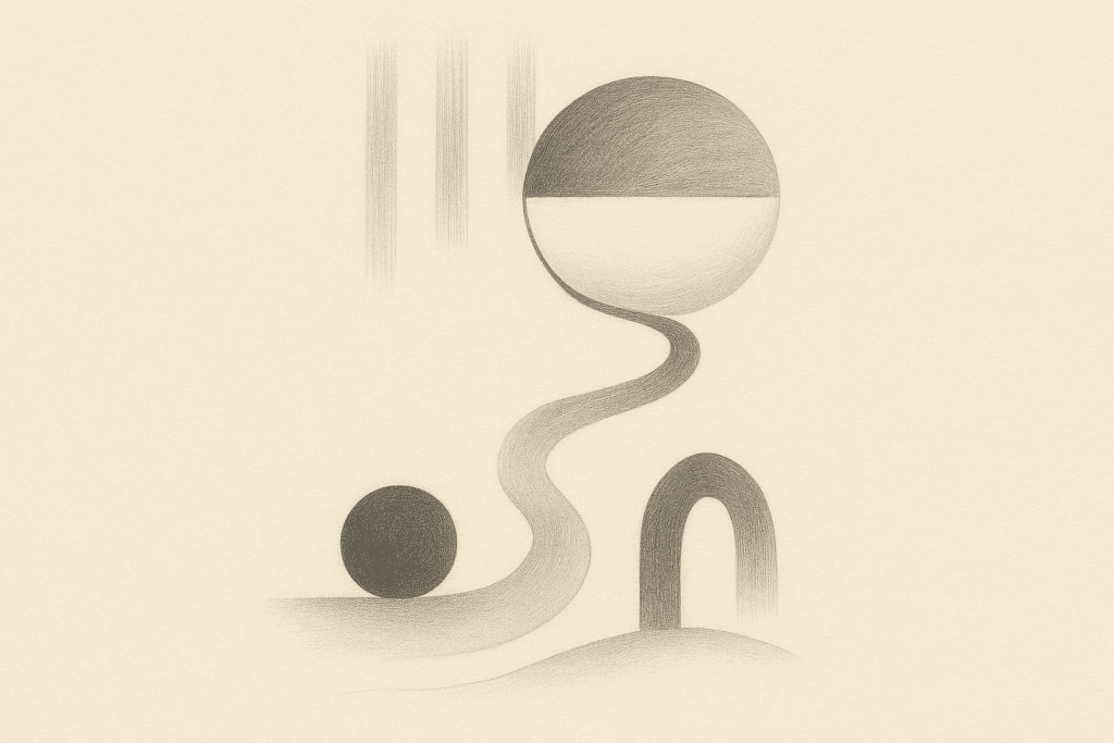 Abstrakcyjny rysunek ołówkiem w czerni i bieli – symbol więzi, przestrzeni i równowagi.