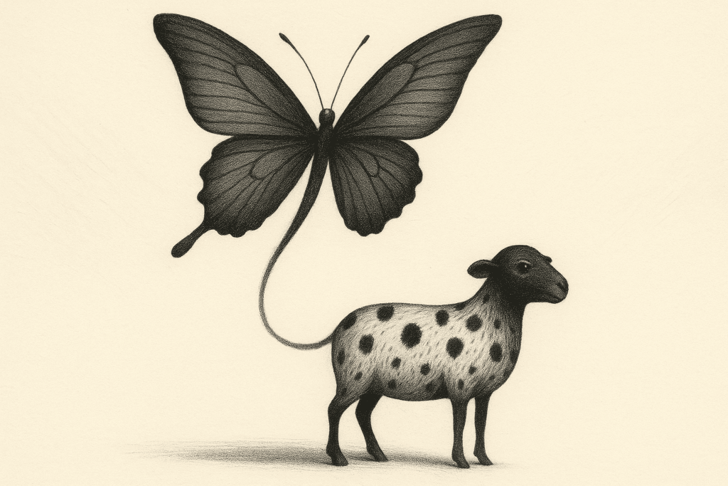 Minimalistyczny rysunek czarnej owcy, z której cienia wyrasta duży, świetlisty motyl. Symbol wewnętrznej przemiany, odwagi i powrotu do siebie.